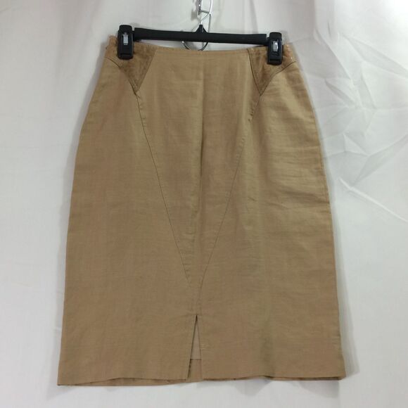 VINTAGE Rue de Calais Linen Pencil Skirt 80s/90s Size 6 Leather Waist Accents - Picture 3 of 4